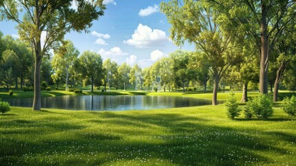 Wall Mural - Tranquil Summer Landscape with Pond and Lush Greenery.