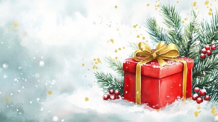 Watercolor Christmas presents in the snow with red gift boxes and gold ribbons. AI generated image