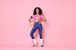 © New Africa - Aerobics. Happy woman in sportswear on pink background