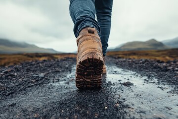 A close-up image of a person hiking on a rough, rocky path, showcasing their sturdy hiking boots while walking alone in the wilderness on a cloudy day.