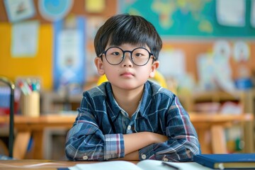 A young boy wearing glasses sits at a desk, focused on his work or study