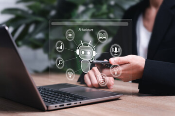 AI assistants, artificial intelligence for business concepts, Businesswomen use smartphone and software to search AI technology-based data analysis, generate images, write code, translate advertising