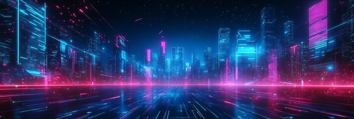 A futuristic city skyline with neon blue and pink glowing outlines, showcasing a dynamic urban environment. It symbolizes a blend of technology, innovation, and the beauty of a modern metropolis.