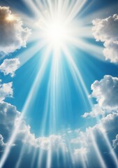 blue sky background with tiny clouds and sun rays. copy space.