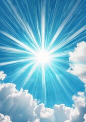 Wall Mural - Blue sky background with tiny clouds and sun rays. Copy space.