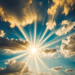 Wall Mural - Blue sky background with tiny clouds and sun rays. Copy space.