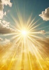 Wall Mural - Blue sky background with tiny clouds and sun rays. Copy space.