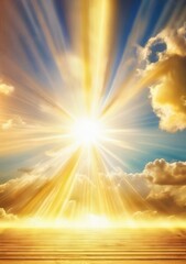Wall Mural - Blue sky background with tiny clouds and sun rays. Copy space.