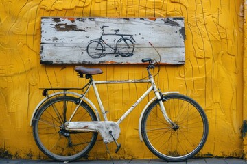 Wall Mural - A white bicycle is parked against a yellow wall, ready for use