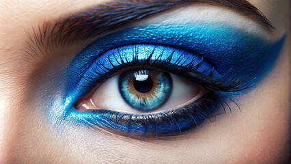 Female eye with blue eyeshadow, stylish glamorous makeup close-up.