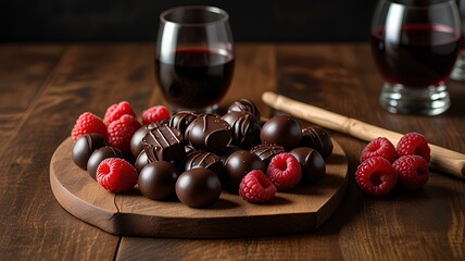 Wall Mural - A rich display of decadent chocolates paired with red wine, featuring fresh raspberries on a wooden serving board.