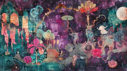 Wall Mural - abstract watercolor painting with floral motifs.