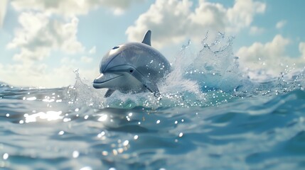 Poster - A dolphin leaps out of the water, creating a spray of water.