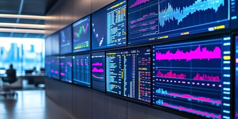 Canvas Print - Trading Floor with Financial Market Data on multiple screens displaying real-time financial market data.