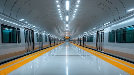 a modern and sleek subway station in doha, qatar, with a clean, bright, and spacious interior. two t