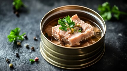 Wall Mural - A gourmet can of tuna placed on a dark surface garnished with herbs and peppercorns