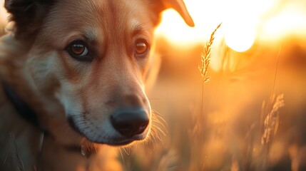 a dog in the middle of the grass under the sun