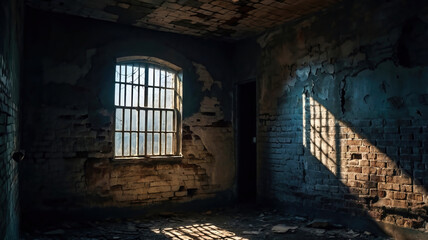 Wall Mural - Old abandoned prison room, generative ai