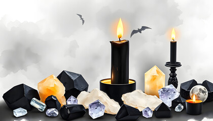 Wall Mural - Black candle on a witch's altar for a magical ceremony among crystals and black candles isolated with white highlights, png