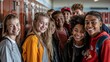 © Lahiru - A diverse group of high school students standing in front of lockers. Multicultural, diverse children, open education, international school.