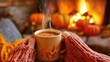 © cvetikmart - Cozy autumn scene with hands wrapped around a warm mug of spiced cider, a crackling fireplace, and autumn leaves and pumpkins decorating the mantel, filling the space with warmth