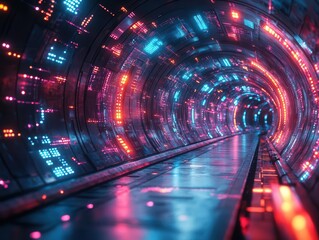 Poster - abstract digital tunnel pulsing neon data streams futuristic network visualization dynamic perspective glowing circuit pathways highcontrast cyber aesthetics