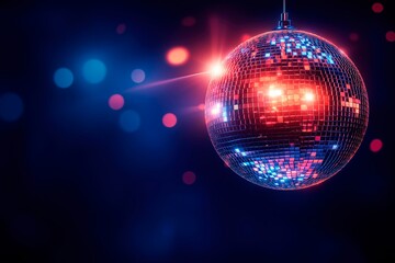 Disco ball shimmering in dance club, website advertising, music banner, disco pub banner, copy space for text