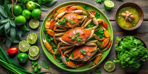 Emerald Tide of Crabs: Overhead shot of a crab dish with vibrant green accents, fresh seafood, nature-inspired concept