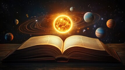 A fascinating image of an open book with the solar system rising from its pages, complete with planets in detailed orbits