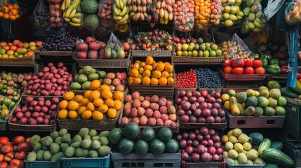 Wall Mural - A fruit market stall overflowing with a variety of colorful, fresh fruits and vegetables, neatly arranged to create a vibrant and inviting