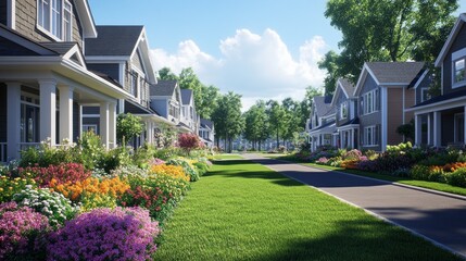 Wall Mural - A street with houses on both sides and a sidewalk