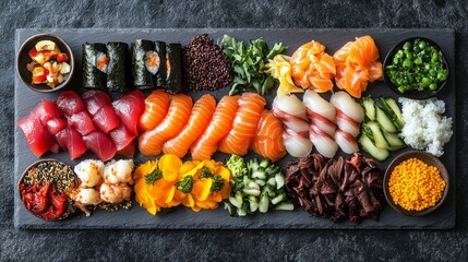 Wall Mural - A plate of sushi with a variety of different types of sushi rolls and vegetables