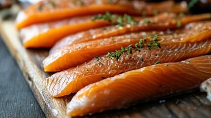 Wall Mural - Freshly sliced trout fillets garnished with herbs on a wooden cutting board