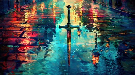 Poster - A puddle of water on the cobblestone street reflects an ancient sword