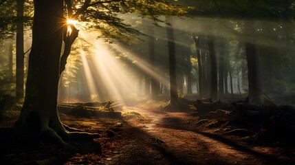 Wall Mural - Panoramic view of a forest in the morning. The sun's rays make their way through the trees.