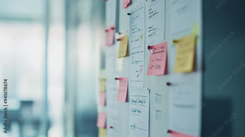 Whiteboard covered with sticky notes and diagrams showing a user ...