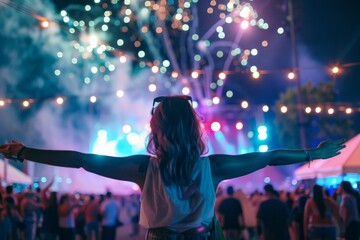 A person enjoys a vibrant outdoor festival at night under spectacular fireworks, surrounded by a lively crowd and illuminated by colorful lights. A cheerful atmosphere filled with energy.