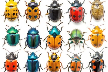 A variety of colorful bugs gathered on a white surface