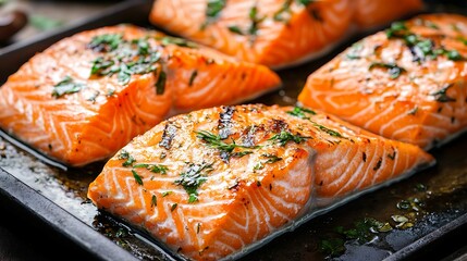 Close-up of perfectly grilled salmon fillets garnished with fresh herbs, served on a baking tray, showcasing a healthy and flavorful dish.