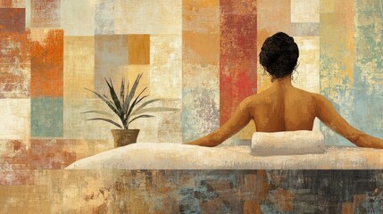 A peaceful spa scene with a woman receiving a back massage and scrub, set against a backdrop of soothing colors