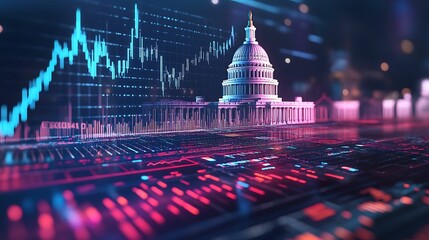 A futuristic visualization of financial data charts overlaid on a government building, symbolizing the intersection of finance, politics, and technology in a digital age.