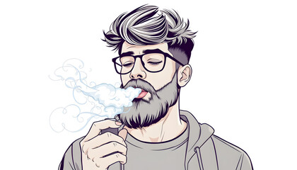 Young guy with a beard vaping and releases a cloud of vapor. hipster vaper smoke vaporizer isolated with white highlights, png