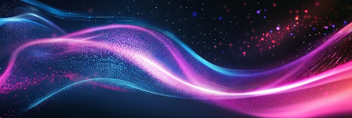 Wall Mural - Abstract futuristic background with glowing neon light lines on dark blue, purple and pink colors. Digital technology concept. Abstract wave moving fast in space