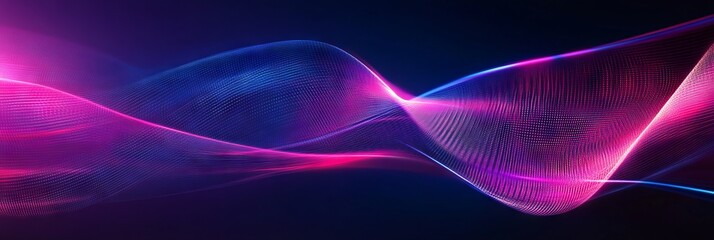 Wall Mural - Abstract futuristic background with glowing neon light lines on dark blue, purple and pink colors. Digital technology concept. Abstract wave moving fast in space