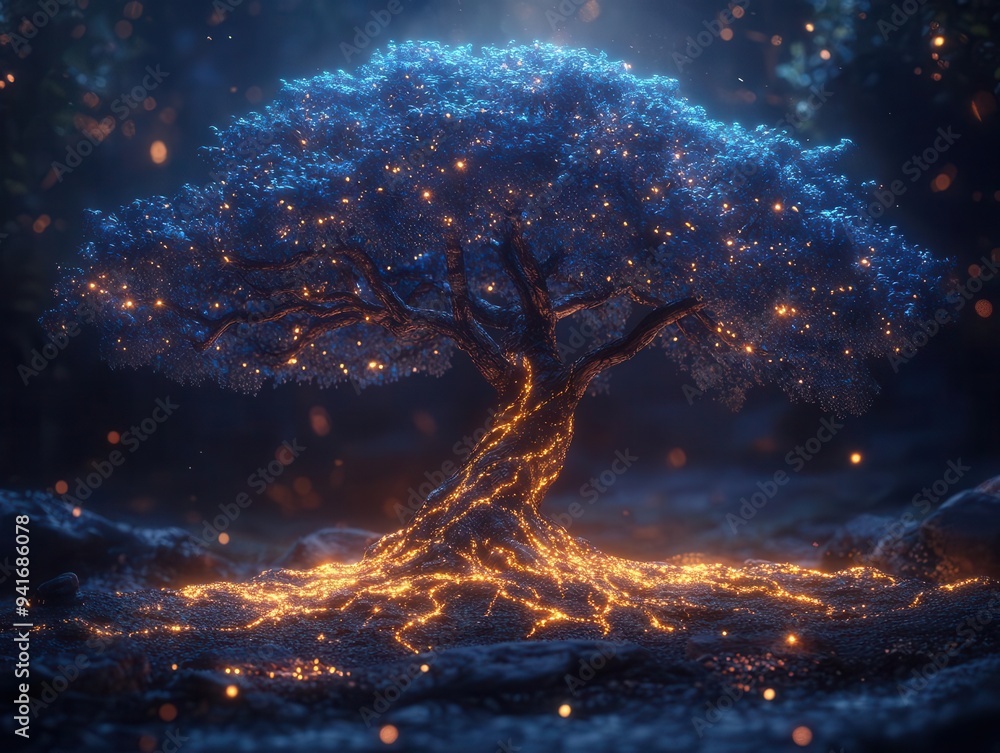 bioluminescent tree of life glowing branches form globe shape roots ...