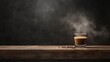 © kinara art design - A glass of espresso on a wooden table with coffee beans and steam in a dark setting.