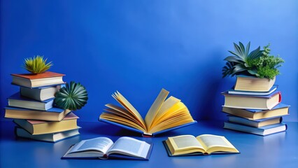 Open Book and Two Stacks of Books on a Blue Background