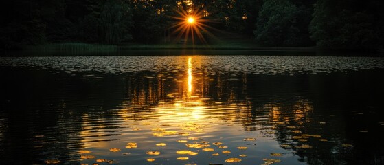 Wall Mural - Sun Setting Over Still Water With Lily Pads