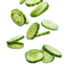 Poster - Flying slices of cucumber isolate on white background or transparent backgroun