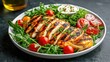 © justjupiter - Delicious grilled chicken breast served with fresh salad, cherry tomatoes, and a creamy dressing on a stylish plate.